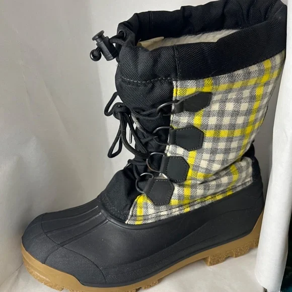 J Crew Womens Snow Boots Black Yellow Gray Plaid Shearling Lining Classic Size 9 - Picture 6 of 11